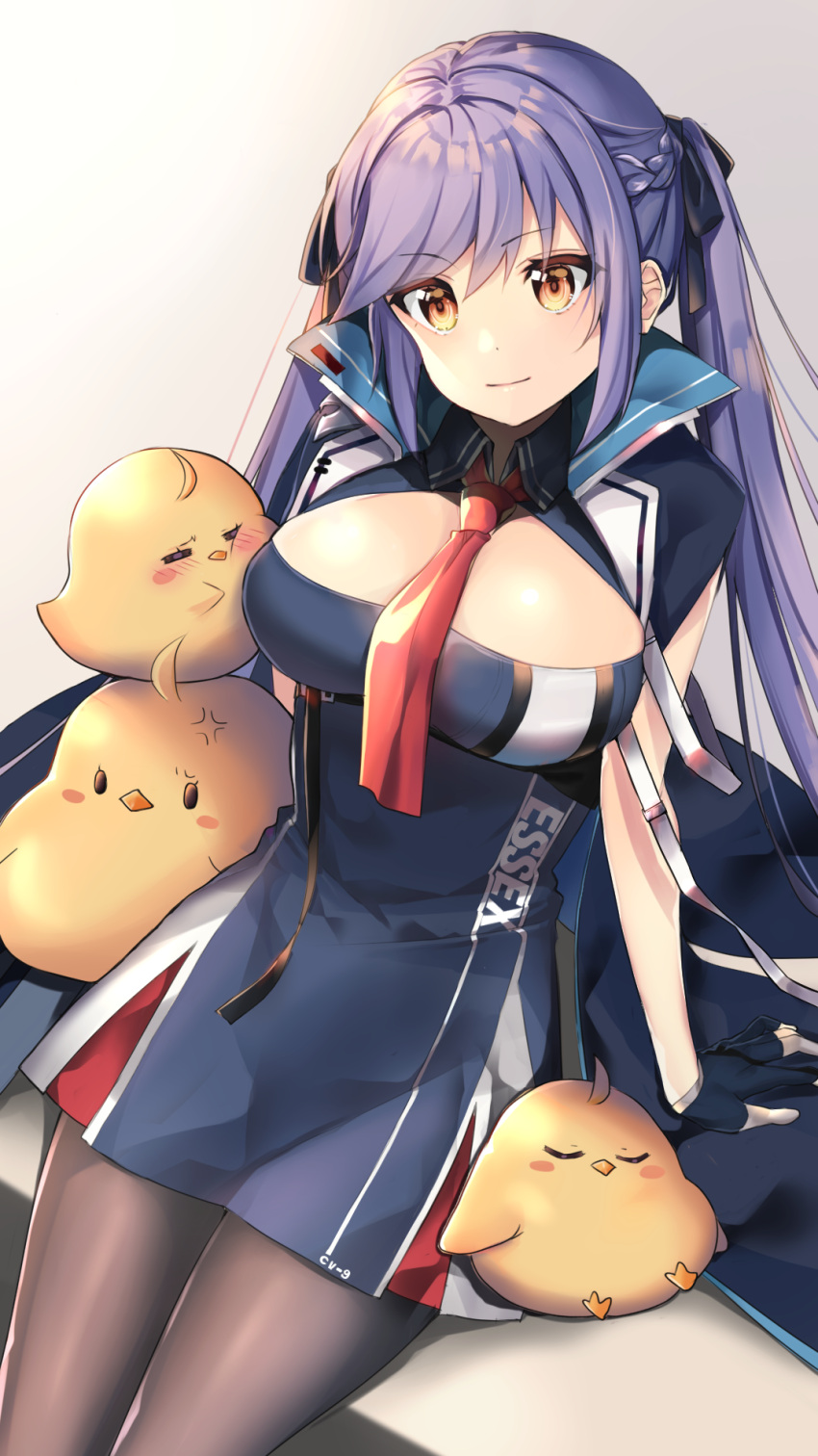 1girl azur_lane black_gloves black_legwear blue_coat blue_dress braid breasts cleavage coat crown_braid dress essex_(azur_lane) eyebrows_visible_through_hair fingerless_gloves gloves hair_ribbon high_collar highres large_breasts lavender_hair long_hair looking_at_viewer manjuu_(azur_lane) mkichi necktie orange_eyes pantyhose red_neckwear ribbon short_dress sitting smile solo straight_hair twintails