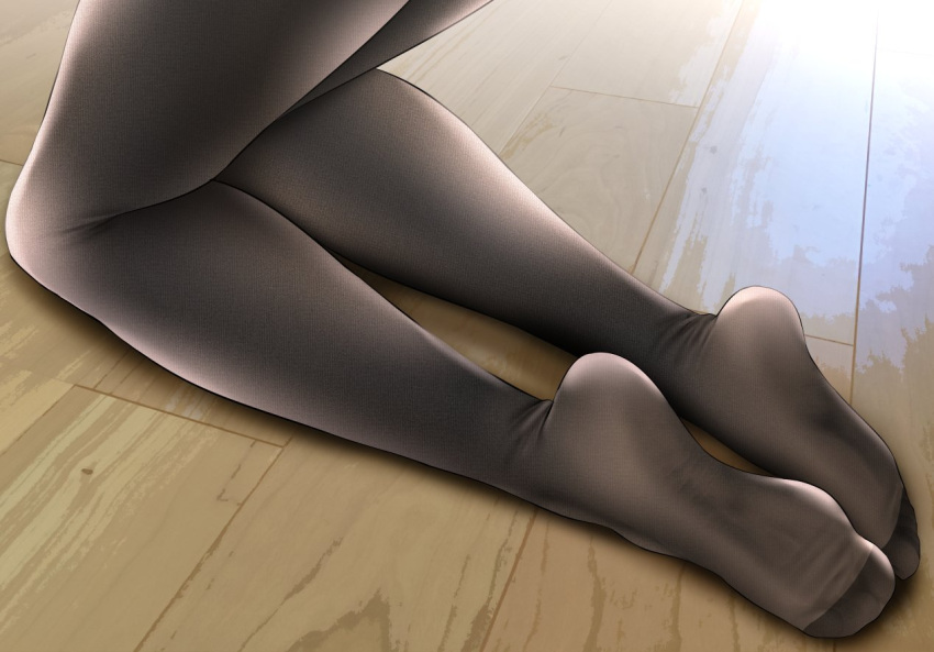 1girl black_legwear feet fine_fabric_emphasis indoors kneeling on_floor oouso original pantyhose soles solo toes wooden_floor