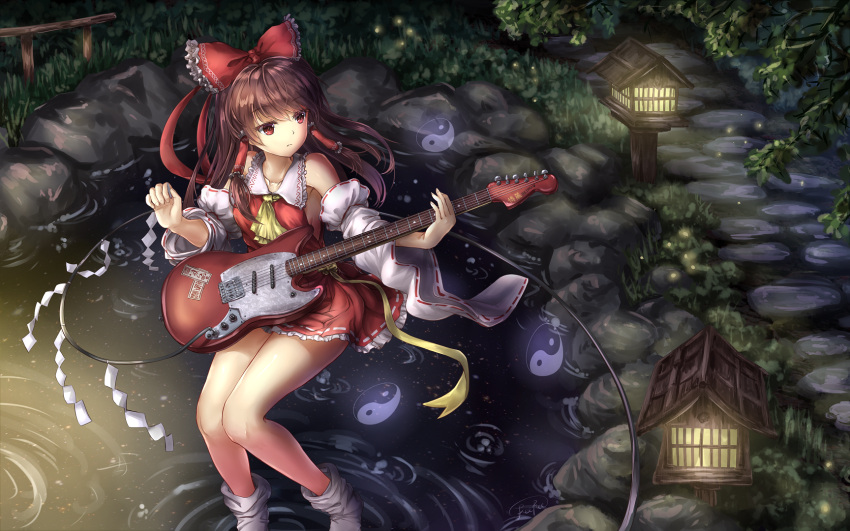 1girl ascot bare_legs bow brown_hair cable collared_shirt commentary_request detached_sleeves electric_guitar expressionless fii_fii_(feefeeowo) fireflies grass guitar hair_bow hair_tubes hakurei_reimu highres holding holding_instrument holding_plectrum instrument knees_together_feet_apart lantern long_hair long_sleeves looking_away loose_socks miniskirt music night nontraditional_miko ofuda outdoors playing_instrument plectrum pond red_bow red_eyes red_shirt red_skirt ribbon-trimmed_skirt ribbon-trimmed_sleeves ribbon_trim ripples rock shide shirt signature skirt skirt_set socks solo standing standing_on_liquid stepping_stones touhou tree_branch water wide_sleeves wooden_lantern yellow_neckwear yin_yang