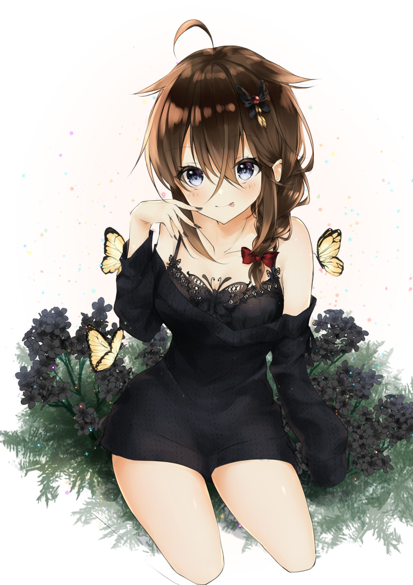 1girl :p absurdres ahoge bangs bare_shoulders black_bra black_flower black_nails blue_eyes blush bow bra braid breasts brown_hair bug butterfly collarbone dress eyebrows_visible_through_hair eyelashes flower grass hair_between_eyes hair_bow hair_flaps hair_ornament hair_over_shoulder hairclip hand_up highres insect kantai_collection looking_at_viewer medium_breasts nail_polish off-shoulder_dress off_shoulder remodel_(kantai_collection) shigure_(kantai_collection) sidelocks single_braid sitting solo sweater sweater_dress thighs tongue tongue_out underwear uzuki_tsukuyo white_background
