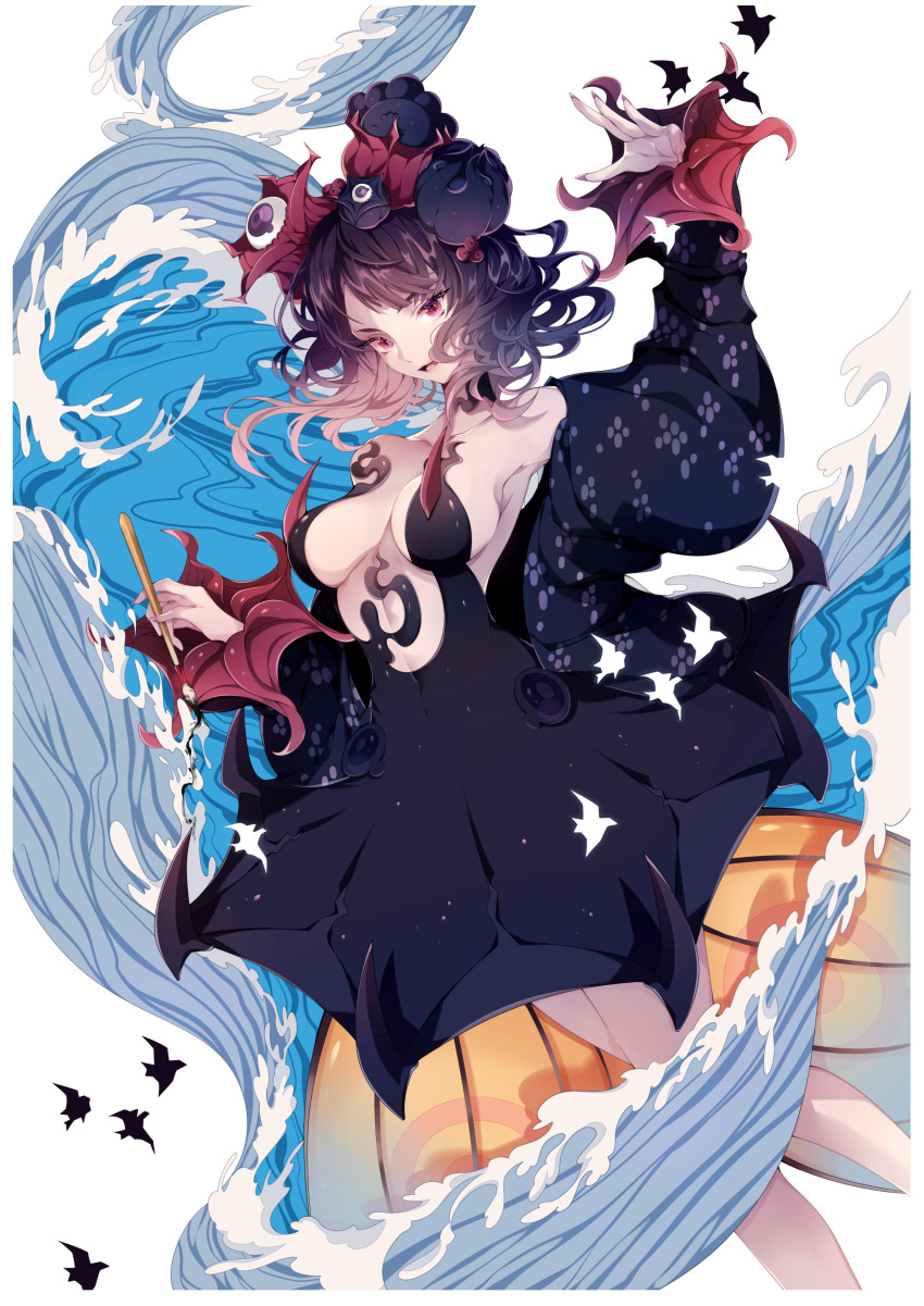1girl absurdres bangs bare_shoulders black_dress blue_eyes blush breasts cleavage collarbone detached_sleeves dress eyeshadow fate/grand_order fate_(series) fine_art_parody flower hair_flower hair_ornament hand_up head_tilt highres katsushika_hokusai_(fate/grand_order) looking_at_viewer makeup medium_breasts misshao_00 nail_polish nihonga octopus open_mouth parody puffy_sleeves purple_hair red_nails short_hair smile solo splashing strapless strapless_dress tsurime violet_eyes waves