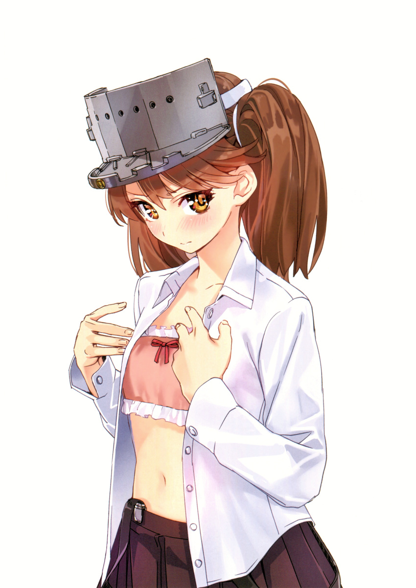 1girl absurdres bangs bow bowtie bra breasts brown_eyes brown_hair buttons closed_mouth eyebrows_visible_through_hair fingernails frills hands_up highres kantai_collection long_sleeves looking_at_viewer medium_hair navel open_clothes open_shirt pleated_skirt ryuujou_(kantai_collection) scan shirt simple_background skirt small_breasts solo stomach twintails underwear visor_cap white_background white_shirt yahako