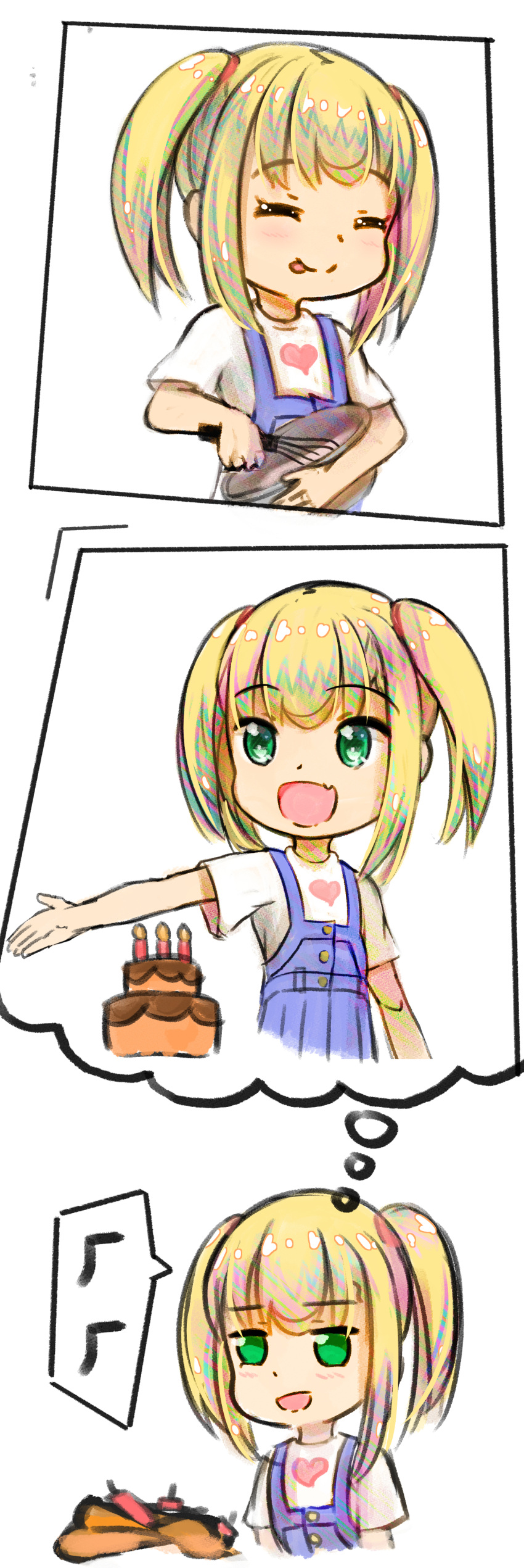 1girl :p absurdres blonde_hair bowl cake child closed_eyes cooking fang food heart highres imagining long_hair open_mouth original overalls print_shirt shirt shou_zong smile solo thought_bubble tongue tongue_out twintails upper_body whisk white_shirt