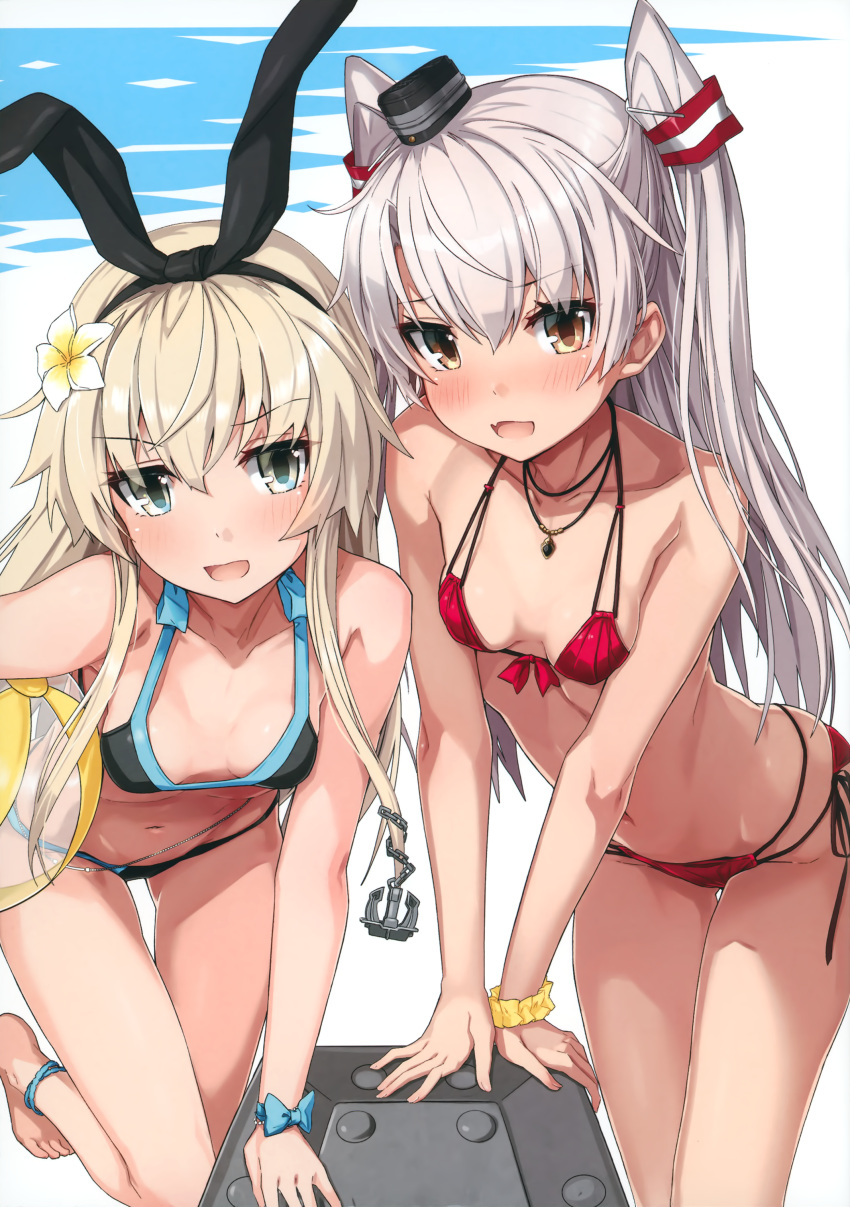2girls absurdres amatsukaze_(kantai_collection) anchor armlet ball beachball bikini blonde_hair blush bracelet breasts dress flower hair_flower hair_ornament hair_ribbon hair_tubes hat highres jewelry kantai_collection leaning_forward long_hair looking_at_viewer mini_hat multicolored multicolored_bikini multicolored_clothes multiple_girls necklace open_mouth orange_eyes red_bikini ribbon scan shimakaze_(kantai_collection) silver_hair small_breasts swimsuit takanashi_kei_(hitsujikan) tilted_headwear twintails two_side_up yellow_eyes