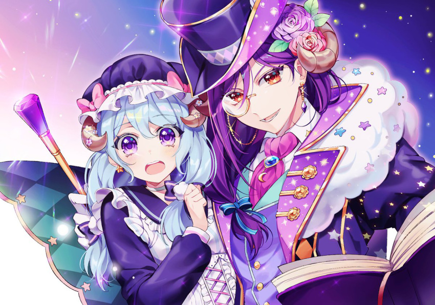 2girls :d arm_around_shoulder bang_dream! blue_bow blue_hair blue_headwear blue_ribbon book bow brooch cane center_frills choker crescent cross-laced_clothes earrings flower fur_collar hair_between_eyes hair_bow hair_flower hair_ornament hair_over_shoulder hair_ribbon hat hat_bow horn_flower horns jewel-topped_staff jewelry long_hair long_sleeves looking_at_viewer low-tied_long_hair matsubara_kanon minori_(faddy) mob_cap monocle multiple_girls open_book open_mouth pink_bow pink_flower pink_neckwear pink_rose purple_flower purple_hair purple_rose red_eyes ribbon rose seta_kaoru sheep_horns smile sparkle_print star star_earrings top_hat upper_body white_choker