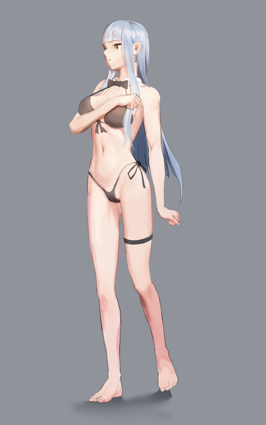 1girl :o absurdres bare_arms bare_legs bare_shoulders barefoot bikini black_bikini black_neckwear bow bowtie breasts cleavage detached_collar front-tie_bikini front-tie_top full_body girls_frontline green_eyes grey_background halter_top halterneck hand_up highleg highleg_bikini highres hk416_(girls_frontline) junexp long_hair looking_away medium_breasts navel parted_lips shadow side-tie_bikini sidelocks silver_hair simple_background solo standing stomach strap_gap swimsuit thigh_strap thighs