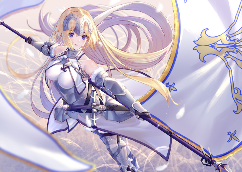 1girl armor armored_dress bangs bare_shoulders blonde_hair blush breasts chains commentary eyebrows_visible_through_hair fate/grand_order fate_(series) feet_out_of_frame from_above gauntlets headpiece highres jeanne_d'arc_(fate) jeanne_d'arc_(fate)_(all) large_breasts long_hair open_mouth sheath sheathed solo standard_bearer standing takubon_(xewh4773) very_long_hair violet_eyes wind