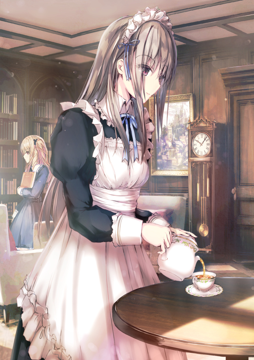 2girls apron armchair black_bow black_dress blonde_hair blue_dress blue_ribbon book bow brown_hair chair clock closed_mouth commentary_request cup dress grandfather_clock hair_bow highres holding holding_book holding_teapot indoors juliet_sleeves long_hair long_sleeves looking_away looking_down maid maid_apron maid_headdress missile228 multiple_girls neck_ribbon original painting_(object) picture_frame pouring puffy_sleeves red_eyes ribbon roman_numerals saucer smile solo_focus table tea teacup teapot very_long_hair white_apron