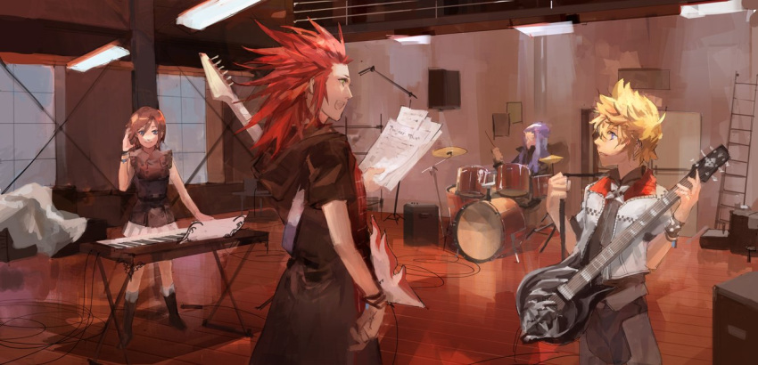 1girl 3boys black_hair blonde_hair blue_hair boots cymbals drum drum_set drumsticks guitar instrument isa_(kingdom_hearts) jacket jewelry keyboard_(instrument) kingdom_hearts kingdom_hearts_iii lea_(kingdom_hearts) limiicirculate multiple_boys music necklace paper playing_instrument redhead roxas sleeveless smile spiky_hair spoilers wristband xion_(kingdom_hearts)