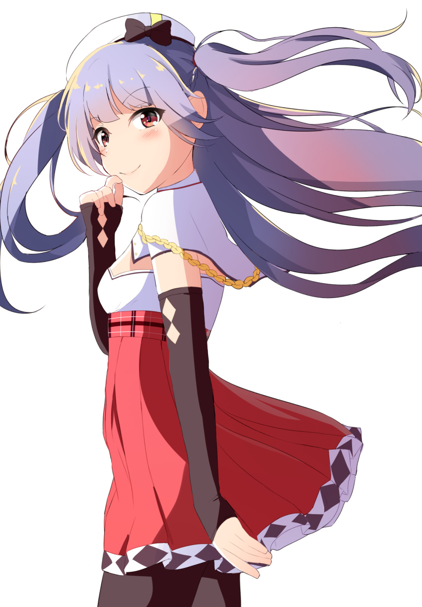 1girl aiguillette ajax_(azur_lane) azur_lane bangs beret black_bow black_legwear blush bow breasts capelet closed_mouth detached_sleeves eyebrows_visible_through_hair hand_up hat hat_bow high-waist_skirt highres long_hair long_sleeves looking_at_viewer pantyhose ponyaru purple_hair red_eyes red_skirt remodel_(azur_lane) sidelocks simple_background skirt sleeves_past_wrists small_breasts smile solo two_side_up white_background white_headwear