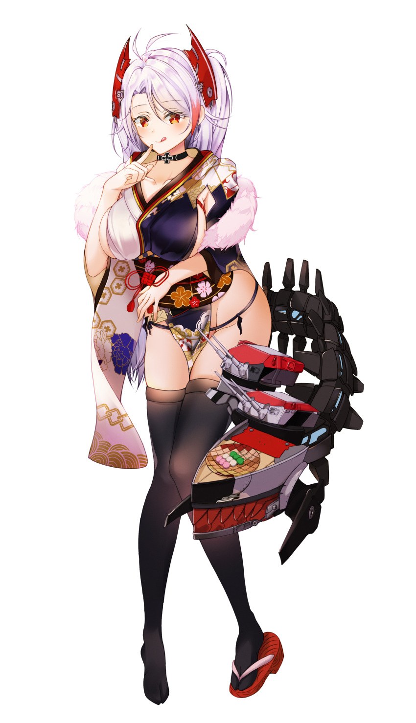 1girl :p absurdres antenna_hair azur_lane bangs black_choker black_legwear black_panties blush breasts choker closed_mouth collarbone dango eyebrows_visible_through_hair finger_to_mouth food full_body groin hair_between_eyes hand_up headgear highres iron_cross japanese_clothes kimono large_breasts long_hair looking_at_viewer machinery multicolored_hair orange_hair panties prinz_eugen_(azur_lane) redhead shoes short_kimono side-tie_panties sideboob silver_hair simple_background single_shoe smile solo standing streaked_hair swept_bangs thigh-highs tongue tongue_out turret two_side_up underwear verena wagashi white_background wide_sleeves
