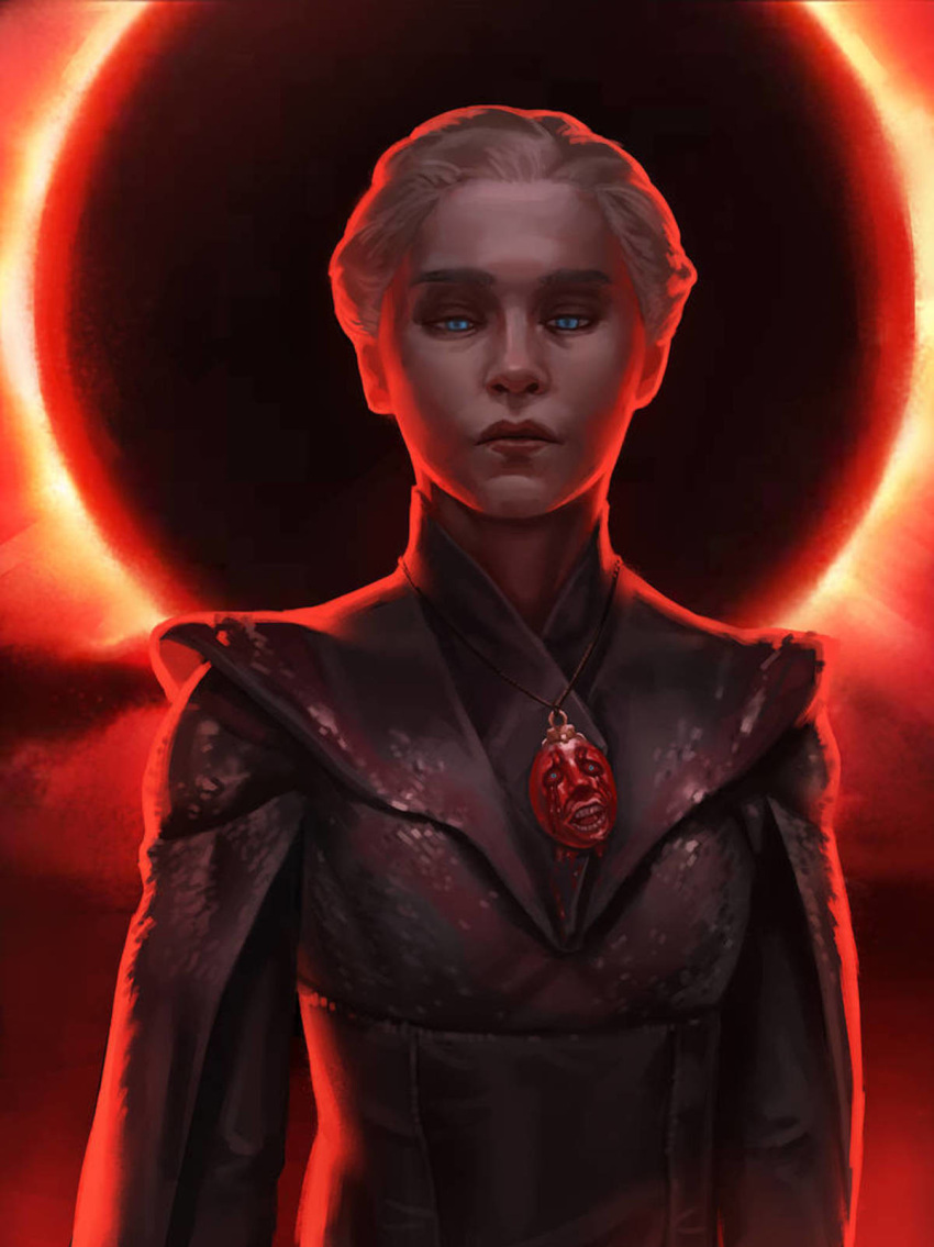1girl a_song_of_ice_and_fire artist_request behelit berserk blonde_hair blue_eyes crossover daenerys_targaryen fur game_of_thrones highres jewelry long_hair looking_at_viewer necklace red_background solo source_request spoilers standing