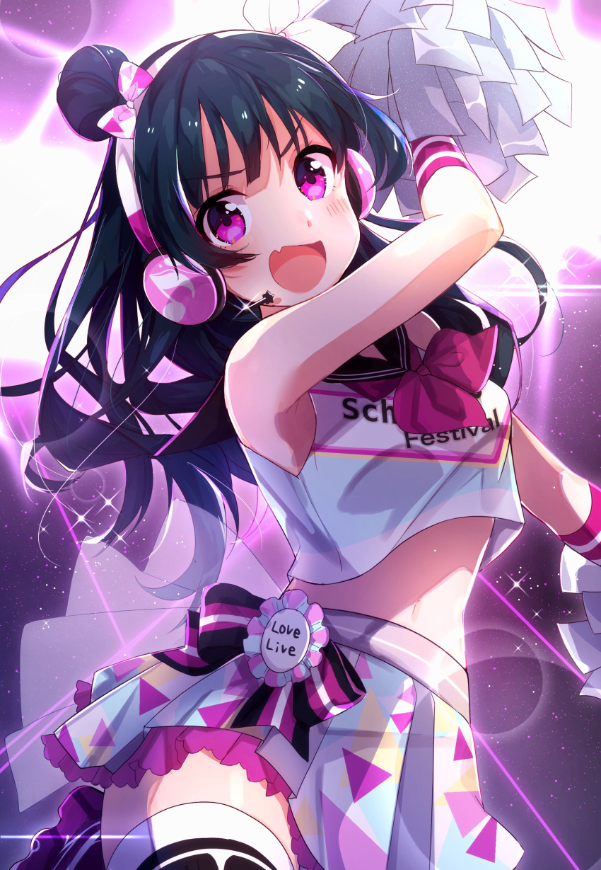 1girl :d absurdres arm_up armpits bare_arms bare_shoulders black_hair black_legwear black_sailor_collar blush breasts cheerleader clothes_writing commentary_request cowboy_shot crop_top crop_top_overhang fang goroo_(eneosu) hair_bun headphones highres holding_pom_poms light_particles long_hair looking_at_viewer love_live! love_live!_sunshine!! midriff miniskirt navel open_mouth pleated_skirt ribbon sailor_collar shirt skirt sleeveless sleeveless_shirt small_breasts smile solo stage_lights standing stomach thigh-highs tsushima_yoshiko v-shaped_eyebrows violet_eyes white_shirt white_skirt zettai_ryouiki