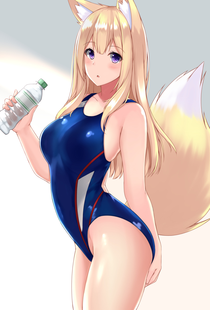 1girl :o animal_ear_fluff animal_ears arched_back bare_arms bare_shoulders blonde_hair blue_eyes blue_swimsuit blush bottle breasts collarbone commentary_request competition_swimsuit covered_navel cowboy_shot eyebrows_visible_through_hair fox_ears fox_girl fox_tail highres holding holding_bottle long_hair looking_at_viewer medium_breasts one-piece_swimsuit original parted_lips sogaya solo standing swimsuit tail thighs water_bottle