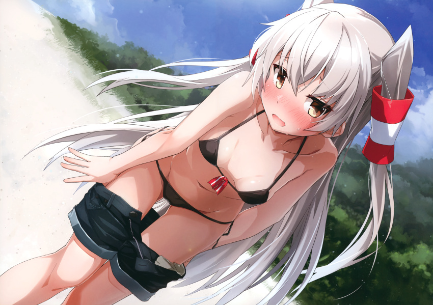 1girl absurdres amatsukaze_(kantai_collection) bent_over bikini black_bikini blue_sky blush breasts brown_eyes day denim denim_shorts dutch_angle embarrassed eyebrows_visible_through_hair front-tie_bikini front-tie_top grey_hair hair_tubes highres kantai_collection long_hair looking_at_viewer navel open_fly open_mouth outdoors pants_pull scan short_shorts shorts side-tie_bikini sky small_breasts solo string_bikini sweatdrop swimsuit takanashi_kei_(hitsujikan) two_side_up undressing very_long_hair wavy_mouth