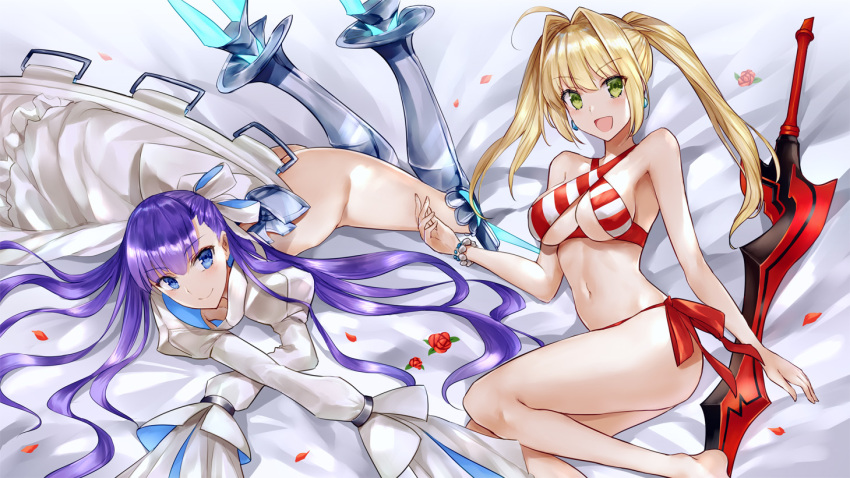 2girls armored_boots asle ass bangle bangs bed_sheet bikini blonde_hair blush boots bottomless bracelet chinese_commentary commentary_request eyebrows_visible_through_hair fate/grand_order fate_(series) flower green_eyes hair_intakes hair_ribbon high_collar jewelry long_hair looking_at_viewer lying medium_hair meltryllis multiple_girls navel nero_claudius_(fate) nero_claudius_(fate)_(all) no_panties on_back on_stomach open_mouth petals purple_hair ribbon rose rose_petals side-tie_bikini sidelocks sleeves_past_fingers sleeves_past_wrists smile swimsuit sword thighs twintails very_long_sleeves violet_eyes weapon