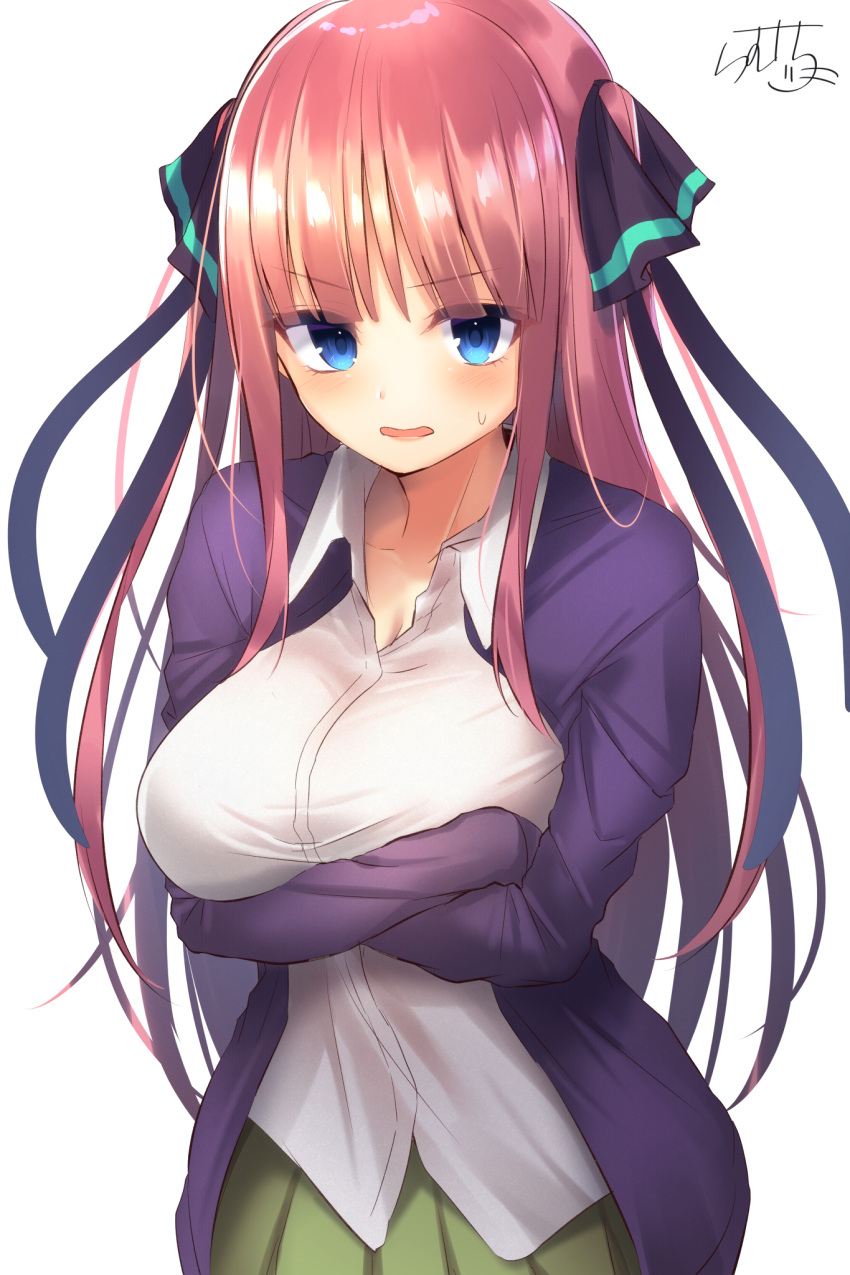 1girl arms_under_breasts bangs black_ribbon blue_eyes blunt_bangs blush breast_hold breasts cardigan cleavage closed_mouth collarbone collared_shirt cowboy_shot crossed_arms dress_shirt eyebrows_visible_through_hair go-toubun_no_hanayome green_skirt hair_ornament hair_ribbon highres large_breasts long_hair long_sleeves looking_at_viewer nakano_nino open_cardigan open_clothes open_mouth pink_hair pleated_skirt purple_cardigan ramchi redhead ribbon shirt signature simple_background skirt solo sweat sweatdrop two_side_up uniform very_long_hair white_background white_shirt