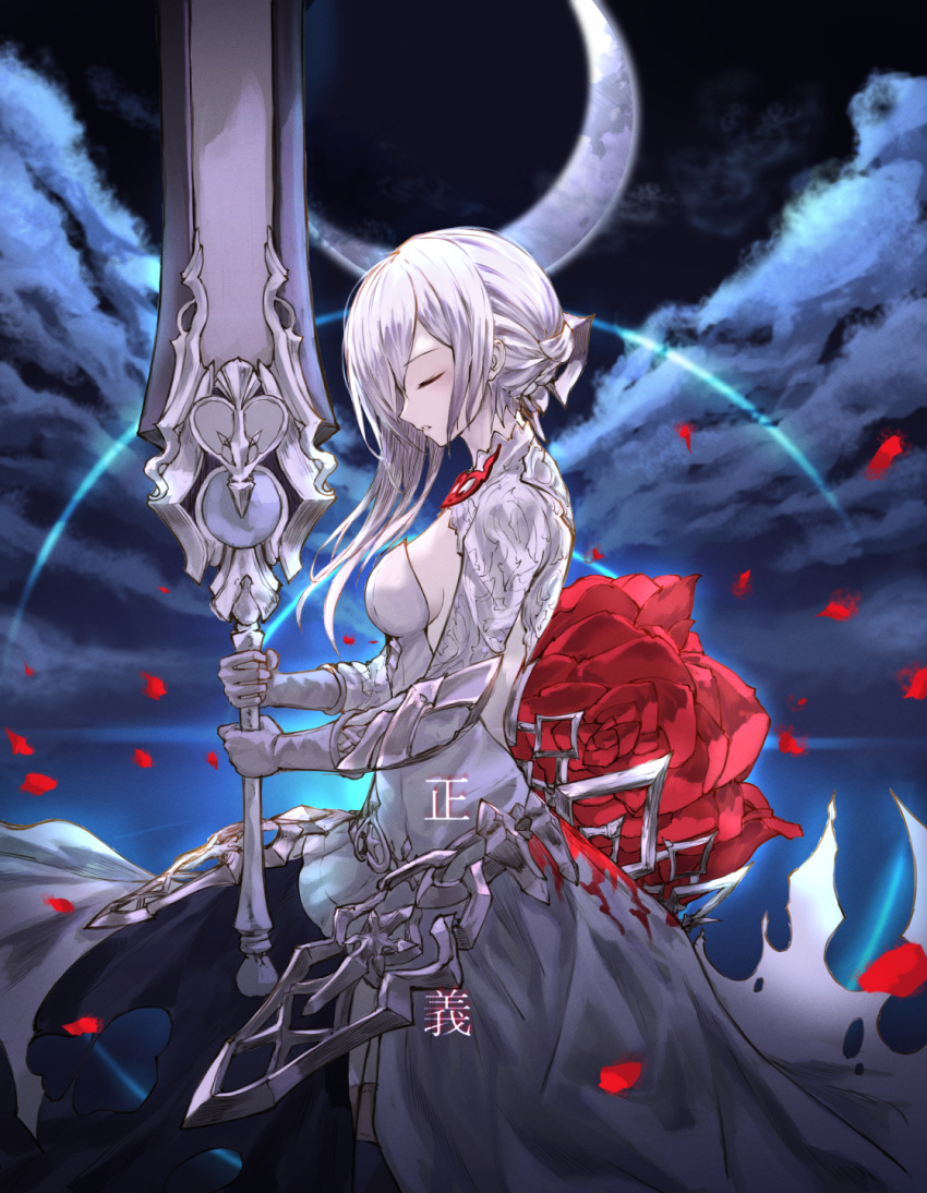 1girl armor armored_dress asymmetrical_hair bangs breasts closed_eyes crescent_moon dress eyebrows_visible_through_hair flower from_side gloves highres holding holding_weapon long_hair looking_at_viewer medium_breasts moon neon_(pixiv_31150749) parted_lips petals red_flower red_rose rose shrug_(clothing) silver_hair sinoalice snow_white_(sinoalice) solo sword thigh-highs weapon white_dress white_hair
