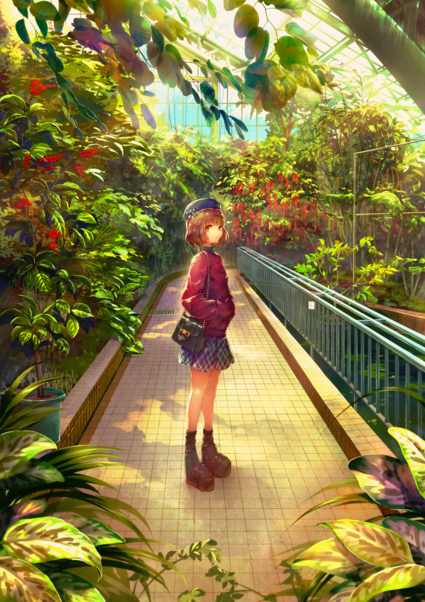 1girl black_footwear black_legwear blue_bow blue_headwear botanical_garden bow brown_eyes brown_hair commentary_request day flower full_body hands_in_pockets hat hat_bow highres jacket long_sleeves original overlay_(0verray) plant platform_footwear pleated_skirt purple_jacket sandals short_hair skirt smile socks solo standing sunlight