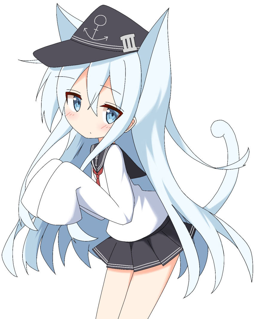 1girl animal_ears bangs black_headwear black_sailor_collar black_skirt blue_eyes blue_hair blush cat_ears cat_girl cat_tail closed_mouth commentary_request eyebrows_visible_through_hair flat_cap hair_between_eyes hat hibiki_(kantai_collection) highres ichi kantai_collection kemonomimi_mode leaning_forward long_sleeves pleated_skirt red_neckwear sailor_collar shirt simple_background skirt sleeves_past_fingers sleeves_past_wrists solo tail tail_raised white_background white_shirt