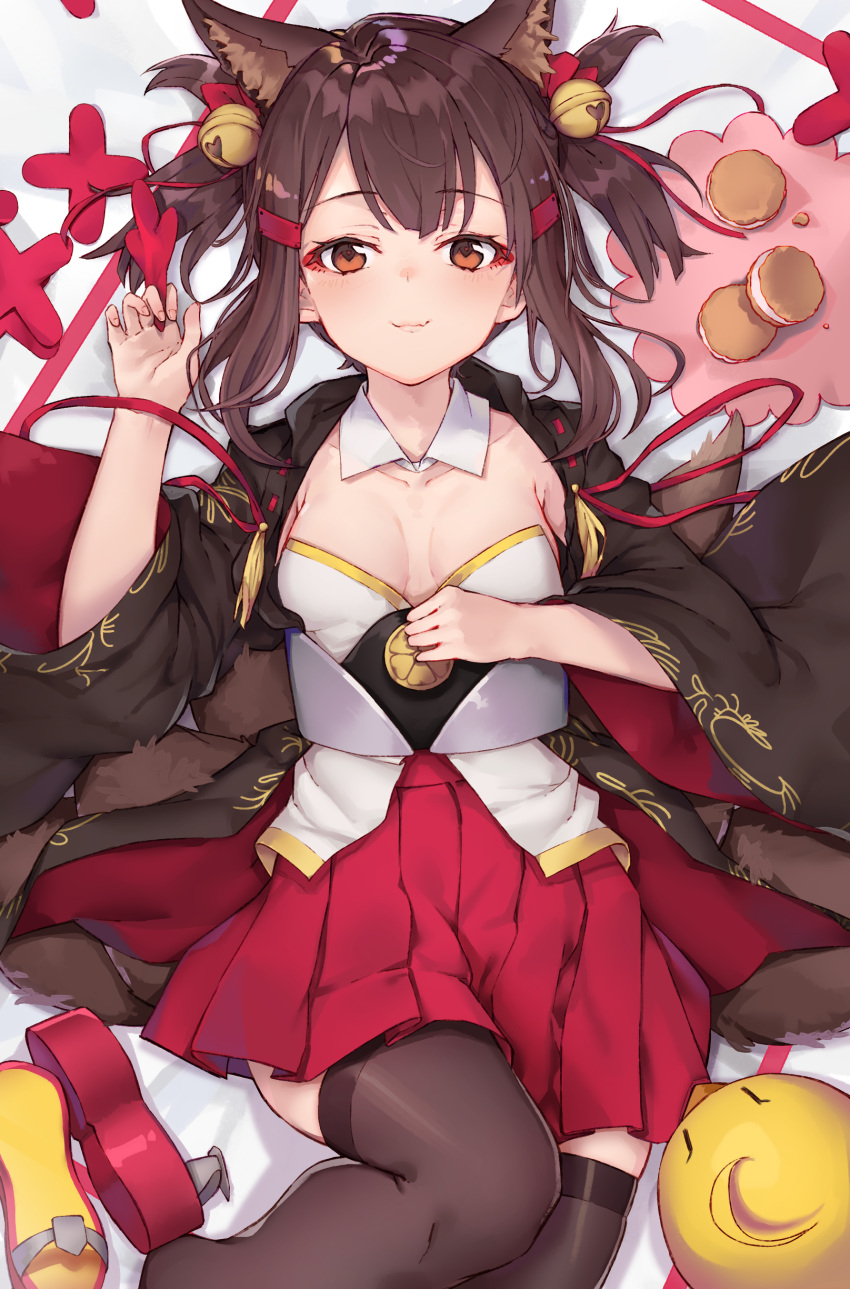 1girl absurdres akagi-chan_(azur_lane) akagi_(azur_lane) animal_ears azur_lane bangs bell black_cola blush breasts eyebrows_visible_through_hair fang fox_ears fox_girl geta hair_bell hair_between_eyes hair_ornament hand_up highres japanese_clothes looking_at_viewer lying multiple_tails on_back pleated_skirt red_eyes red_skirt rudder_footwear shoes_removed sidelocks skirt smile solo tail thigh-highs twintails wide_sleeves younger