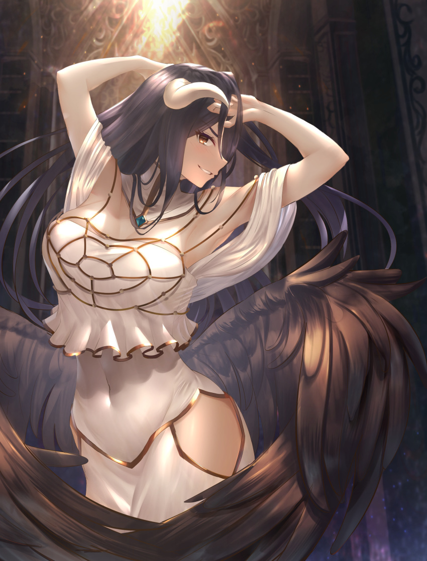 1girl absurdres albedo bare_shoulders black_hair black_wings blush breasts cleavage commentary_request demon_girl demon_horns demon_wings dress eyebrows_visible_through_hair feathered_wings hair_between_eyes highres horns large_breasts long_hair looking_at_viewer navel overlord_(maruyama) parted_lips rausu_(undeadmachine) slit_pupils smile solo teeth white_dress wings yellow_eyes