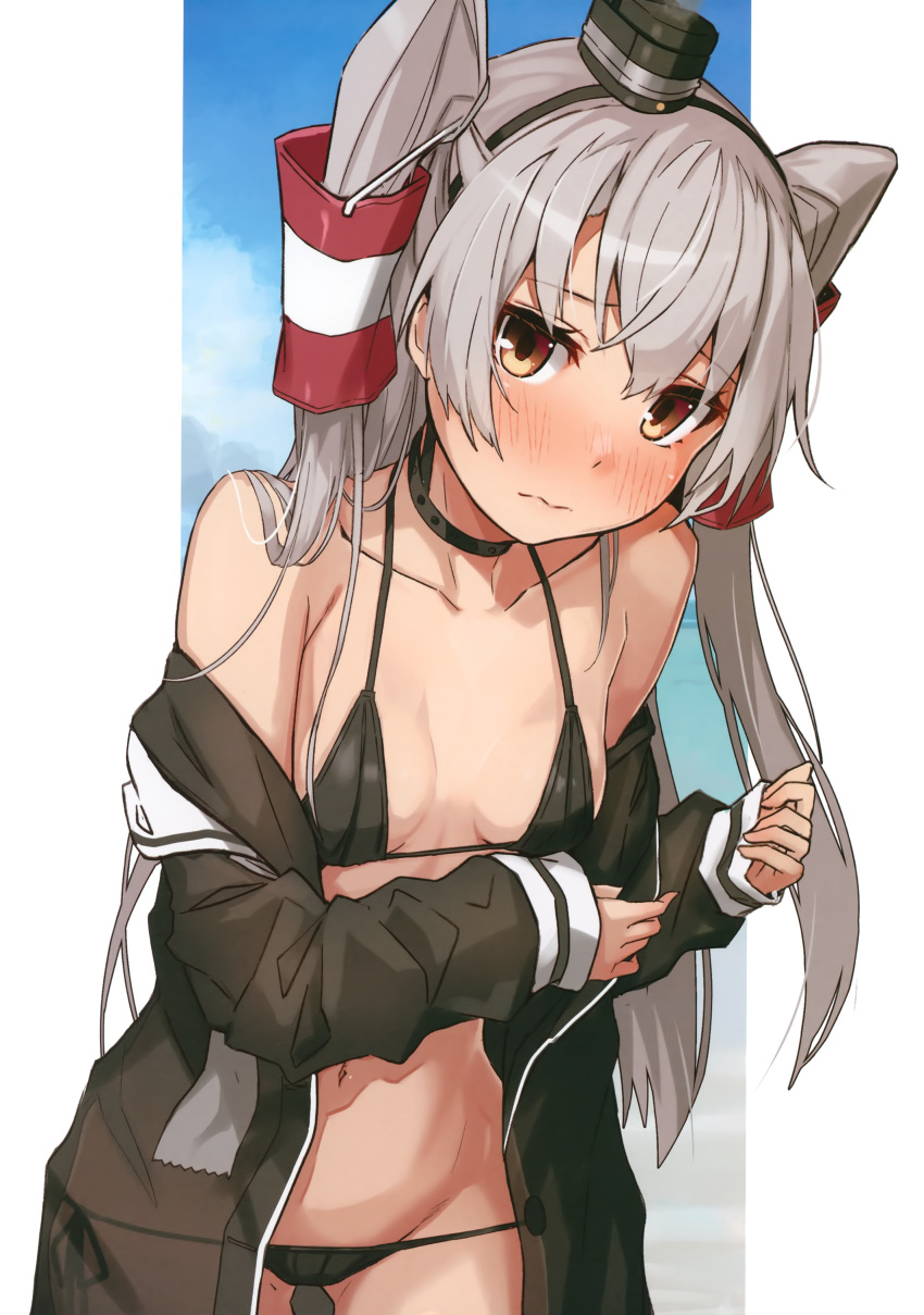 1girl absurdres amatsukaze_(kantai_collection) bangs bare_shoulders beach bikini black_bikini black_choker black_hairband black_shirt blush breasts brown_eyes choker closed_mouth collarbone day embarrassed eyebrows_visible_through_hair frown hair_tubes hairband hat highres kantai_collection long_hair long_sleeves looking_at_viewer mini_hat navel nose_blush off_shoulder open_clothes open_shirt outdoors outside_border scan shirt silver_hair sleeves_past_wrists small_breasts smoke solo swimsuit takanashi_kei_(hitsujikan) two_side_up upper_body very_long_hair windsock