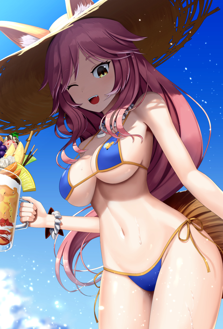 1girl absurdres animal_ear_fluff animal_ears bikini blue_bikini blue_sky breasts cup day ears_through_headwear fang fate/grand_order fate_(series) fox_ears fox_girl fox_print fox_tail hat highres holding holding_cup large_breasts navel one_eye_closed open_mouth outdoors pink_hair sanbe_futoshi side-tie_bikini sky solo standing straw_hat sun_hat swimsuit tail tamamo_(fate)_(all) tamamo_no_mae_(swimsuit_lancer)_(fate) yellow_eyes