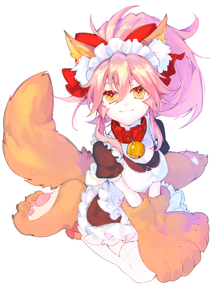 1girl absurdres alternate_costume animal_ear_fluff animal_ears apron bell bell_collar breasts cat_paws collar commentary commentary_request enmaided fate/grand_order fate_(series) fox_ears fox_girl fox_tail gloves hair_ribbon highres hikari50503 jingle_bell large_breasts long_hair looking_at_viewer maid maid_apron maid_headdress paw_gloves paw_shoes paws pink_hair ponytail red_ribbon ribbon shoes simple_background sitting solo tail tamamo_(fate)_(all) tamamo_cat_(fate) waist_apron wariza white_background white_legwear yellow_eyes