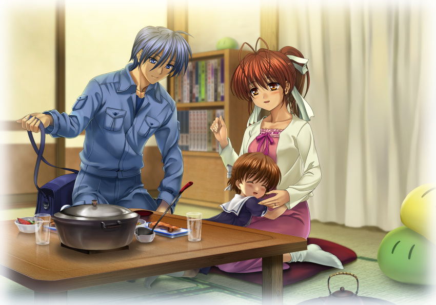 1boy 2girls antenna_hair bag blue_eyes blue_hair blue_jumpsuit bookshelf brown_eyes brown_hair child clannad closed_eyes copyright_name couple dango_daikazoku dress family father_and_daughter food furukawa_nagisa good_end hetero highres hug husband_and_wife jumpsuit mother_and_daughter multiple_girls mutsuki_(moonknives) okazaki_tomoya okazaki_ushio ponytail sailor_dress school_uniform serafuku short_hair socks sparkle stuffed_toy table tatami white_legwear