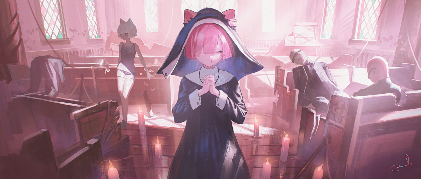 animal_ears bangs bench broken_window candle church church_interior closed_eyes commentary_request earrings grey_hair habit hands_clasped highres indoors jewelry nun one_eye_covered original own_hands_together pink_hair reoen robe short_hair shorts signature standing sunglasses tank_top window