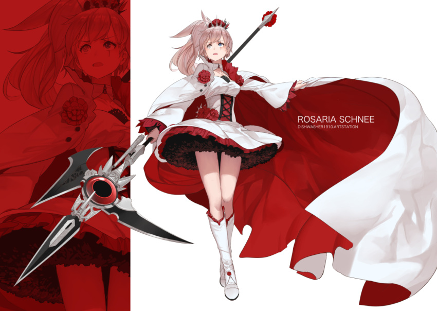 1girl blue_eyes cape commentary corset dishwasher1910 dress english_commentary flower holding holding_weapon long_hair multiple_views open_mouth original pink_hair polearm red_background rose rwby scar scar_across_eye scythe title weapon white_background white_cape white_dress white_footwear