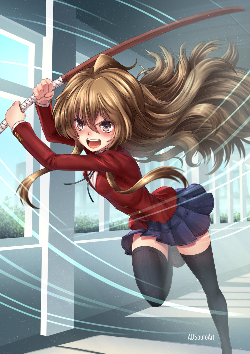 1girl adsouto aisaka_taiga artist_name bangs black_legwear blazer blush bokken brown_eyes brown_hair commentary day english_commentary eyebrows_visible_through_hair facing_viewer highres indoors jacket long_hair motion_lines oohashi_high_school_uniform open_mouth pleated_skirt running school_uniform skirt solo sword thigh-highs toradora! weapon window wooden_sword