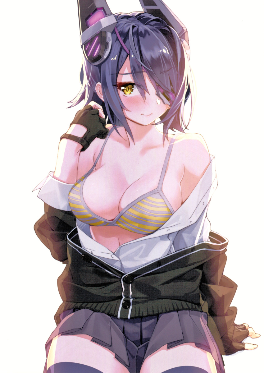 1girl absurdres arm_support bangs bare_shoulders black_gloves blouse blush bra breasts buttons cleavage closed_mouth eyebrows_visible_through_hair eyepatch fingerless_gloves gloves headgear highres kantai_collection lips looking_at_viewer medium_breasts off_shoulder open_clothes pleated_skirt purple_hair scan school_uniform short_hair simple_background skirt sleeves_rolled_up solo striped striped_bra tenryuu_(kantai_collection) unbuttoned underwear upper_body white_background white_blouse yahako yellow_eyes