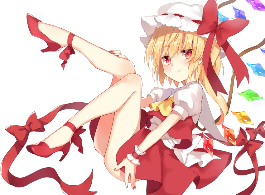 1girl ascot ass bangs blonde_hair bow commentary_request crystal eyebrows_visible_through_hair fang fang_out flandre_scarlet full_body hat hat_bow high_heels legs_up long_hair looking_at_viewer miniskirt mob_cap nail_polish one_side_up paragasu_(parags112) puffy_short_sleeves puffy_sleeves red_bow red_eyes red_footwear red_nails red_ribbon red_skirt red_vest ribbon shirt short_sleeves simple_background sitting skirt skirt_set smile solo thighs touhou vest white_background white_headwear white_shirt wings wrist_cuffs yellow_neckwear