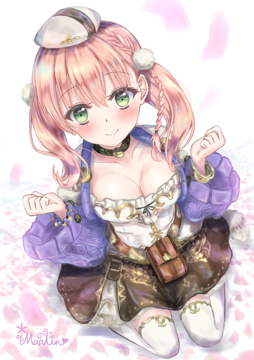 1girl absurdres atelier_(series) atelier_escha_&amp;_logy black_neckwear black_skirt bracelet braid breasts choker cleavage closed_mouth collarbone escha_malier full_body green_eyes hat highres jewelry kneeling looking_at_viewer martinreaction medium_breasts pink_hair purple_sweater short_hair signature simple_background skirt smile solo sweater thigh-highs twintails w_arms white_background white_headwear white_legwear
