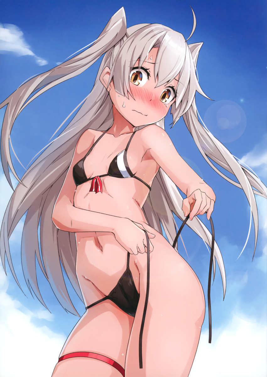 1girl absurdres ahoge amatsukaze_(kantai_collection) bikini black_bikini blue_sky blush breasts closed_mouth contrapposto cowboy_shot day embarrassed from_below front-tie_bikini front-tie_top highres kantai_collection lens_flare looking_at_viewer navel outdoors scan side-tie_bikini silver_hair sky small_breasts solo sweat swimsuit takanashi_kei_(hitsujikan) teardrop thigh_strap two_side_up tying untied untied_bikini wavy_mouth yellow_eyes
