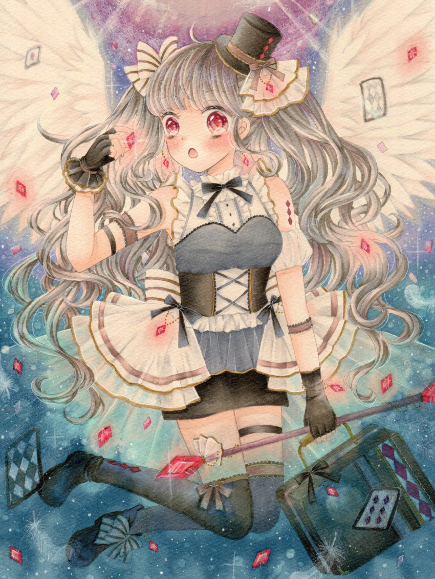 angel_wings black_footwear black_gloves black_headwear blush card fingerless_gloves full_body gem gloves highres long_hair luggage marker_(medium) open_mouth original playing_card red_eyes rod silver_hair tilted_headwear traditional_media very_long_hair wavy_hair white_wings wings