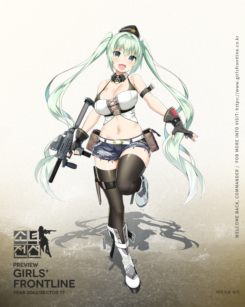 1girl :d aqua_eyes aqua_hair arm_strap bangs belt between_breasts black_gloves black_legwear blush boots breasts buckle character_name denim denim_shorts detached_collar eyebrows eyebrows_visible_through_hair fang fingerless_gloves full_body girls_frontline gloves gradient_hair gun hair_between_eyes hat highres holding holding_gun holding_weapon holster imi_uzi knee_boots large_breasts leaning_forward leg_up long_hair long_sleeves looking_at_viewer micro_uzi micro_uzi_(girls_frontline) midriff mod3_(girls_frontline) multicolored_hair navel official_art open_mouth short_shorts shorts sidelocks sky_(freedom) smile snap-fit_buckle solo standing standing_on_one_leg stomach submachine_gun thigh-highs thigh_strap trigger_discipline twintails weapon white_footwear white_hair