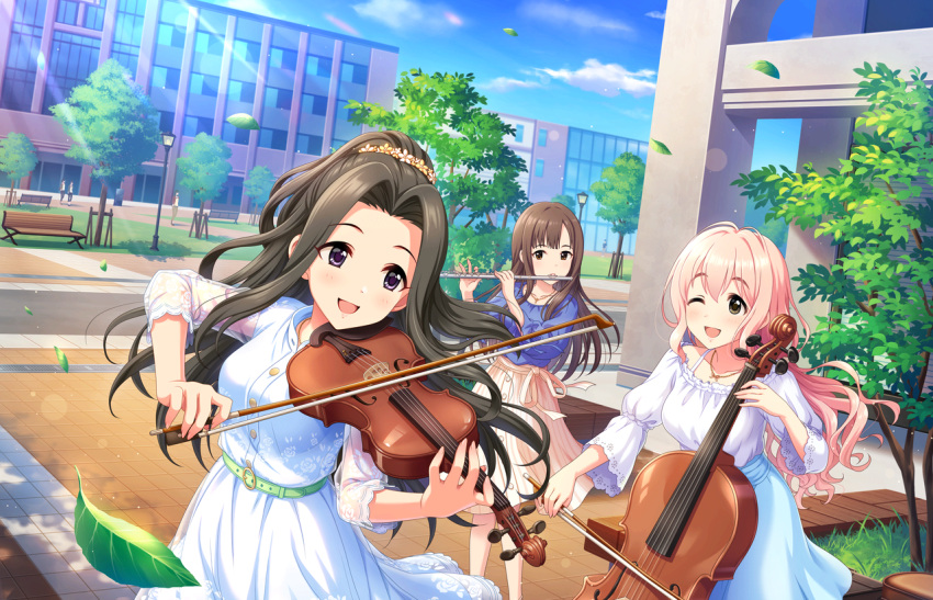 black_eyes black_hair blush dress idolmaster_cinderella_girls_starlight_stage long_hair smile suzumiya_seika violin