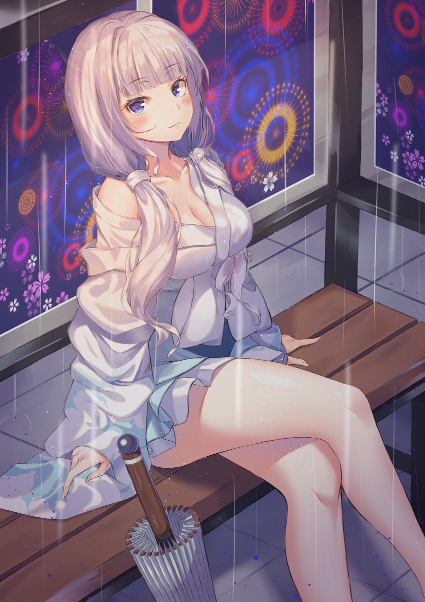 1girl absurdres alternate_costume azur_lane bangs bare_shoulders bench blue_skirt blue_umbrella blunt_bangs blush breasts bus_stop cleavage closed_mouth closed_umbrella commentary_request eyebrows_visible_through_hair feet_out_of_frame fingernails highres huge_filesize hyonee illustrious_(azur_lane) japanese_clothes kimono large_breasts legs_crossed long_hair long_sleeves looking_at_viewer medium_breasts off_shoulder on_bench oriental_umbrella rain silver_hair single_hair_intake sitting skirt sleeves_past_wrists smile solo umbrella very_long_hair violet_eyes white_kimono wide_sleeves