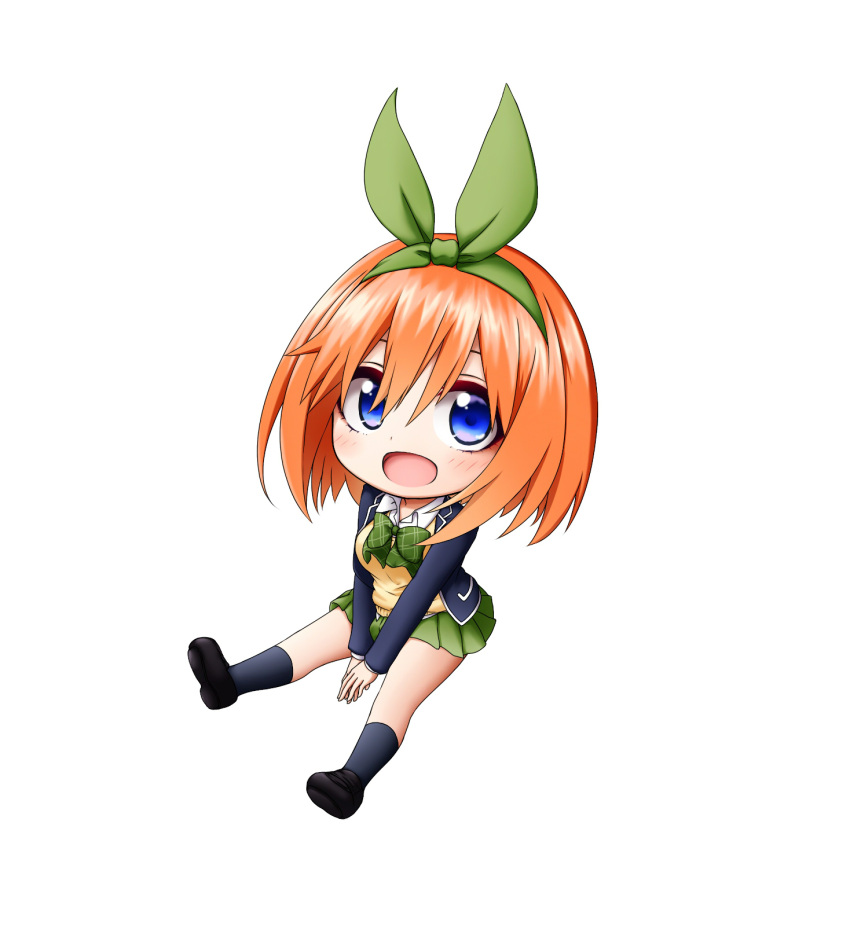 1girl :d bangs black_footwear black_legwear blazer blue_eyes blue_jacket blush bow breasts chibi collared_shirt eyebrows_behind_hair go-toubun_no_hanayome green_bow green_hairband green_ribbon green_skirt hair_between_eyes hair_ribbon hairband highres jacket kneehighs kuena loafers long_hair medium_breasts nakano_yotsuba open_blazer open_clothes open_jacket open_mouth orange_hair pleated_skirt ribbon shirt shoe_soles shoes simple_background sitting skirt smile solo sweater_vest white_background white_shirt