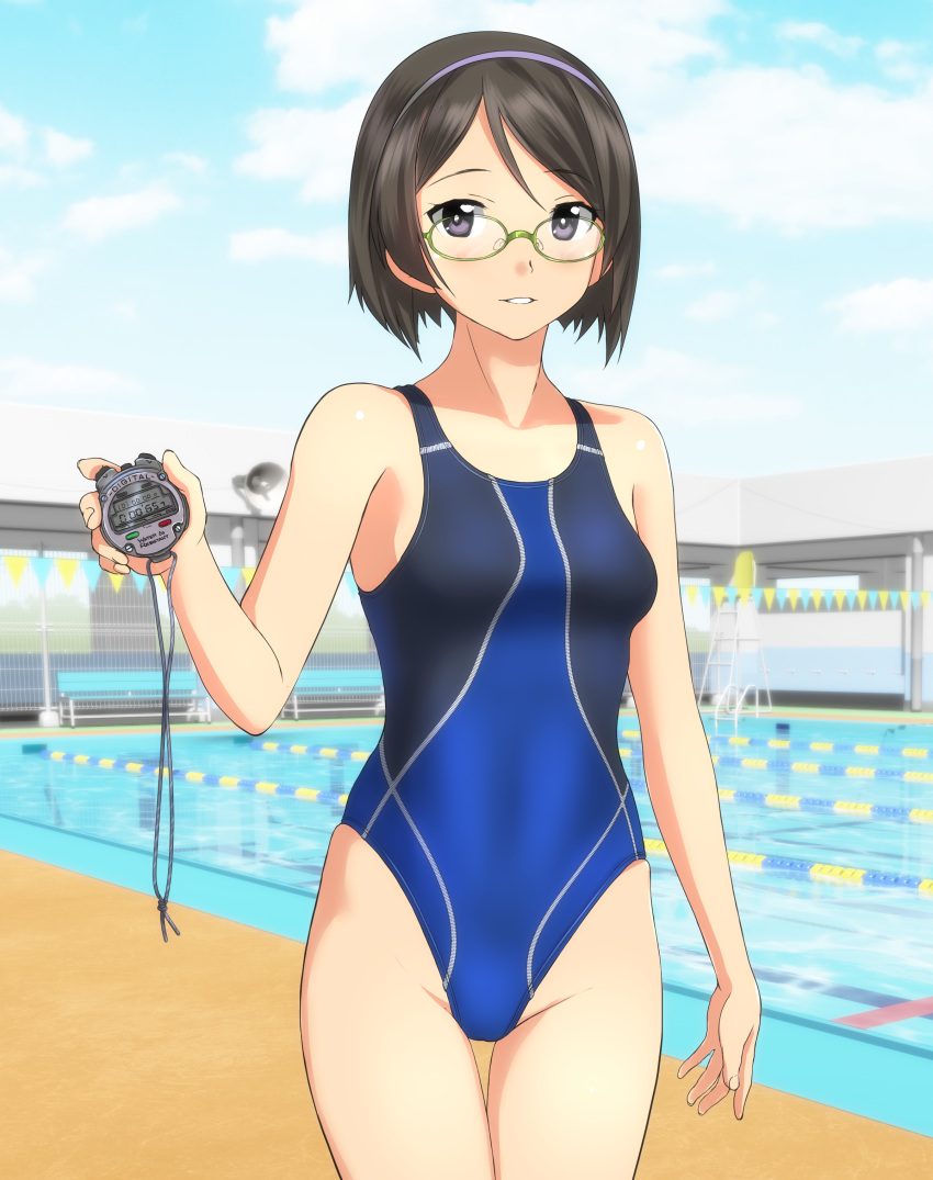 1girl absurdres alternate_breast_size black_eyes black_hair blue_hairband blue_sky blue_swimsuit clouds competition_swimsuit cowboy_shot day glasses green-framed_eyewear hairband highres kantai_collection kirishima_(kantai_collection) looking_at_viewer one-piece_swimsuit outdoors pool short_hair sky solo standing stopwatch swimsuit takafumi watch