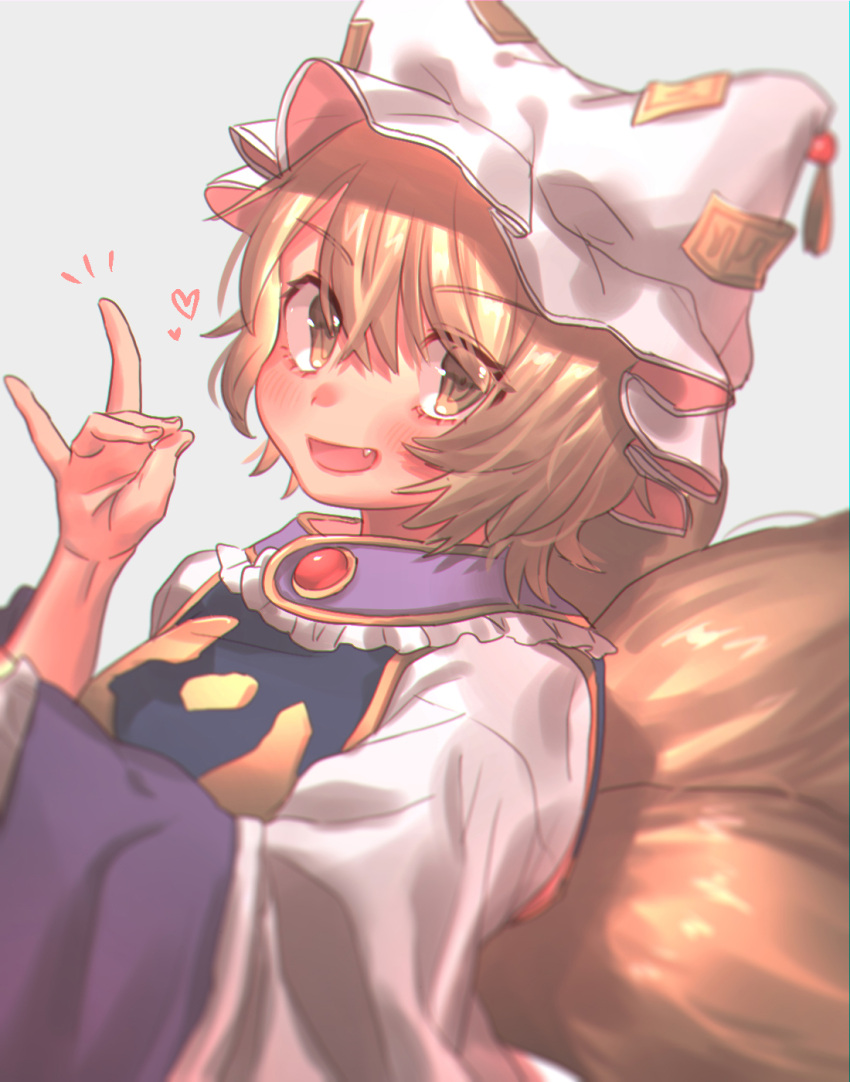 1girl :d blonde_hair blush breasts commentary_request dress fang fox_shadow_puppet fox_tail frilled_shirt_collar frills grey_background hand_up hat heart highres large_breasts long_sleeves looking_at_viewer masanaga_(tsukasa) multiple_tails ofuda open_mouth pillow_hat simple_background smile solo tabard tail touhou upper_body white_dress white_headwear wide_sleeves yakumo_ran yellow_eyes