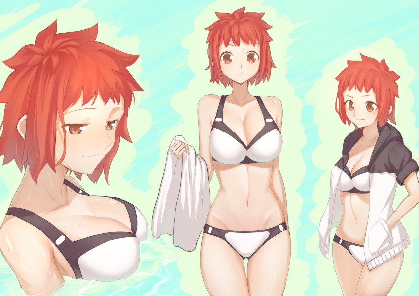 1girl absurdres bikini breasts cleavage cowboy_shot emiya_shirou fate/stay_night fate_(series) genderswap genderswap_(mtf) highres large_breasts looking_at_viewer moto_(otemoto02) orange_hair short_hair smile solo swimsuit yellow_eyes