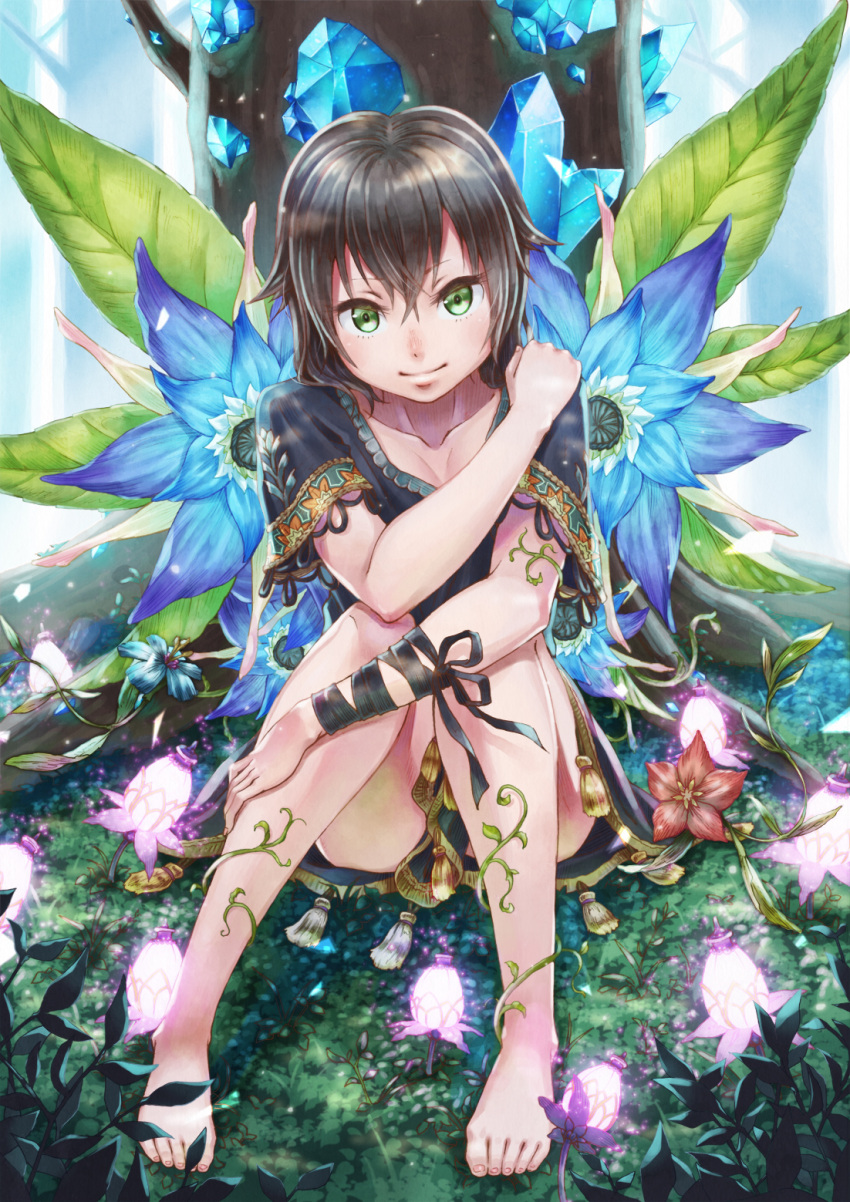 1girl barefoot black_shirt blue_flower breasts brown_hair cleavage collarbone flower green_eyes hair_between_eyes highres looking_at_viewer original shiny shiny_hair shirt sho_(sumika) short_hair short_sleeves sitting small_breasts smile solo