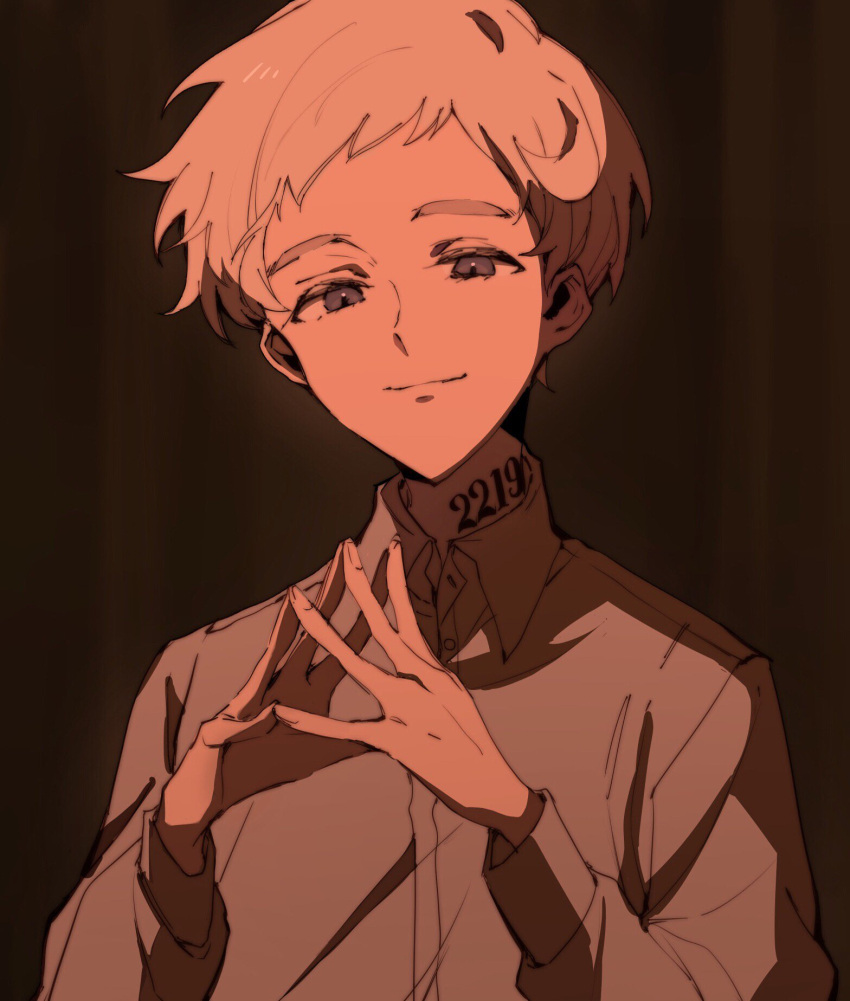 1boy blurry blurry_background fingers_together grey_eyes highres long_sleeves looking_at_viewer neck_tattoo norman_(yakusoku_no_neverland) number_tattoo shadow shirt smile solo tattoo white_hair white_shirt yakusoku_no_neverland