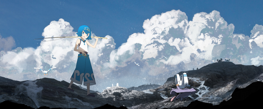 1girl absurdres asuteroid blue_eyes blue_hair blush clouds cloudy_sky creatures_(company) day game_freak gen_1_pokemon gen_3_pokemon highres huge_filesize looking_at_viewer nintendo open_mouth outdoors pokemon pokemon_(creature) pokemon_(game) scenery shellder sky sleeveless smile solo suiren_(pokemon) wingull