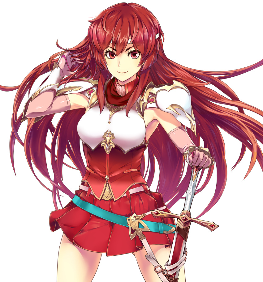 1girl alternate_costume alternate_hair_length alternate_hairstyle armpits belt breastplate cowboy_shot elbow_gloves fire_emblem fire_emblem:_mystery_of_the_emblem fire_emblem:_shin_ankoku_ryuu_to_hikari_no_tsurugi fire_emblem_heroes floating_hair gloves hand_in_hair hand_on_hilt headband highres intelligent_systems long_hair looking_at_viewer minerva_(fire_emblem) miniskirt nintendo pegasus_knight pink_gloves pleated_skirt red_eyes red_skirt redhead shirt shoulder_armor simple_background skirt sleeveless smile solo sword thighs uro_(oolong) vambraces weapon white_background