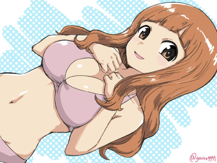 1girl bangs bikini blue_background blunt_bangs breasts cleavage dutch_angle girls_und_panzer hands_on_own_chest highres large_breasts light_blush long_hair looking_at_viewer navel open_mouth orange_eyes orange_hair pink_bikini polka_dot polka_dot_background smile solo standing swimsuit takebe_saori upper_body yabai_gorilla